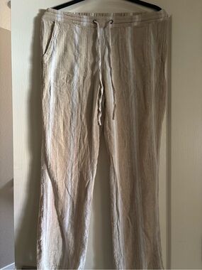 Casual Drawstring Linen-Blend Pants in Beige Stripe